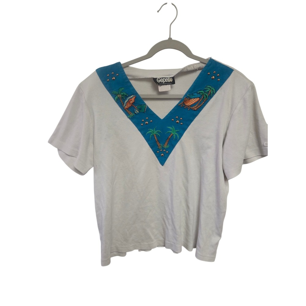 Vintage Y2K Gepetto Tropical Beach Embroidered V-Neck Top White Turquoise L